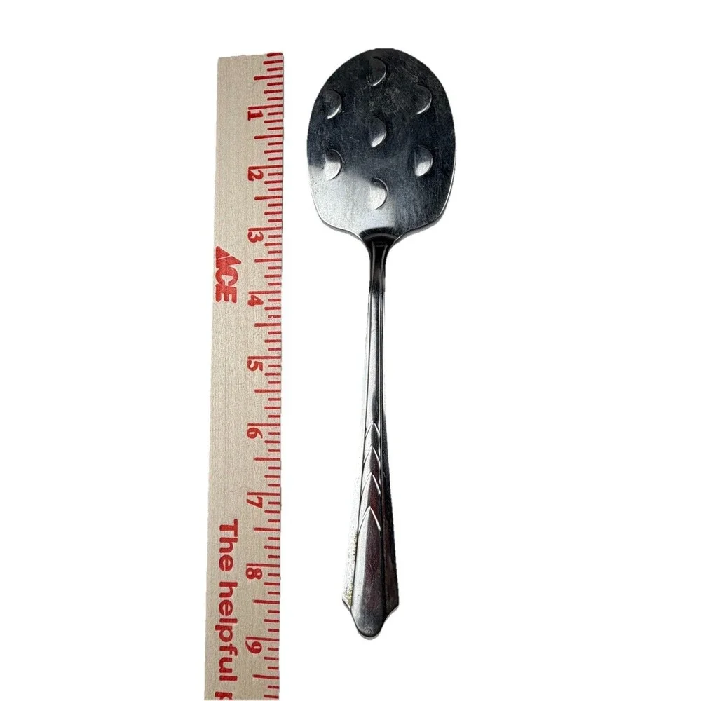 Vintage Ekco Silver Tomato Serving Spoon 9” Slotted Midcentury‎ Geometric